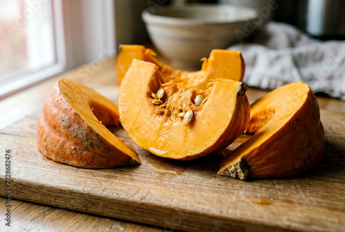 Fresh orange pumpkin wedges with seeds resting on a rustic wooden cutting board near a sunlit window.