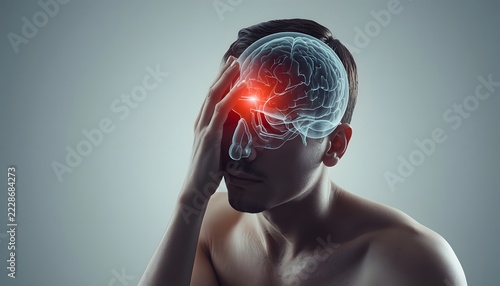 Adult Holding Head During Headache with Transparent Brain and Skull Anatomy, Red Glow Neurological Medical Concept