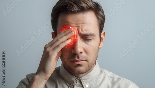 Adult Touching Tired Eye with Transparent Eyeball and Optic Nerve Anatomy, Red Glow and Eye Strain Concept