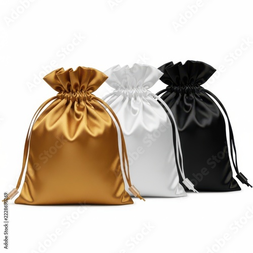 Set of three satin silk gift pouches in gold white and black colors