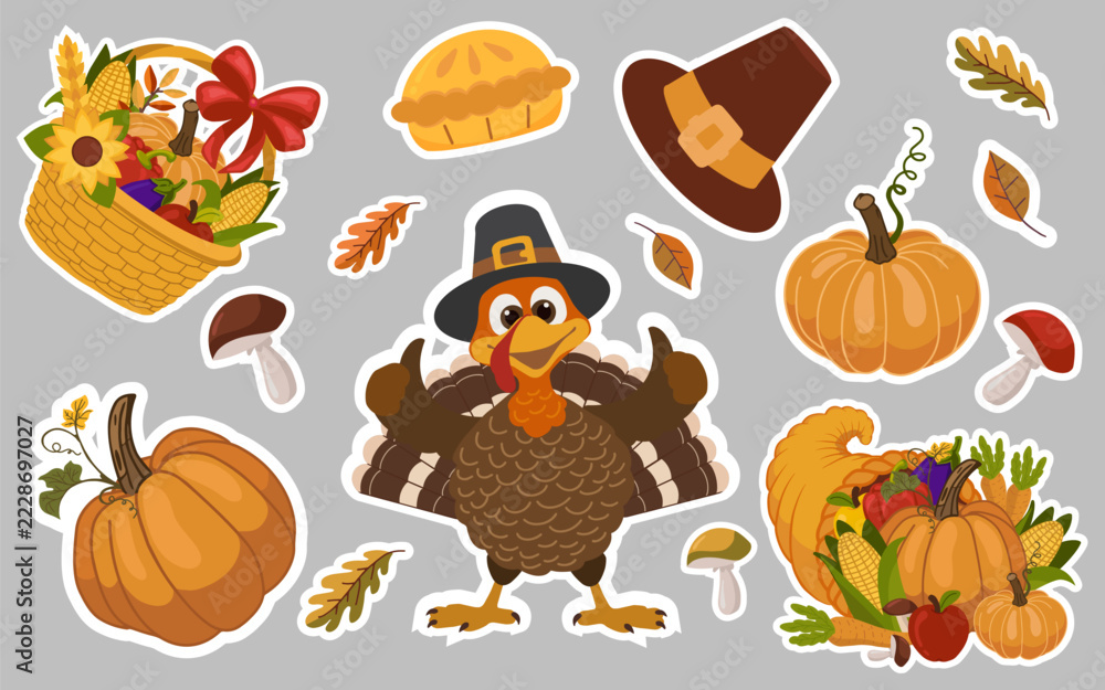 Fototapeta premium Set of Thanksgiving stickers: funny turkey in pilgrim hat, cornucopia, harvest basket, pumpkins, pie, mushrooms and autumn leaves. Colorful cartoon illustration for cards, prints and decorations.