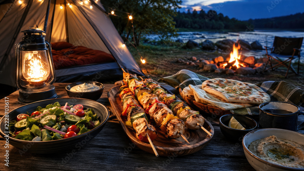 Lakeside camping meal with grilled skewers, flatbread, salad, lantern light and a campfire at sunset