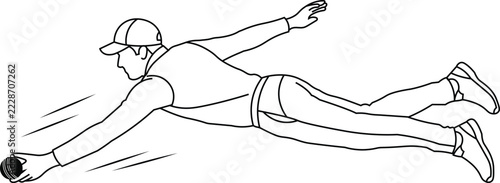 Cricket Fielder Diving Catch Continuous One Line Drawing Vector Illustration