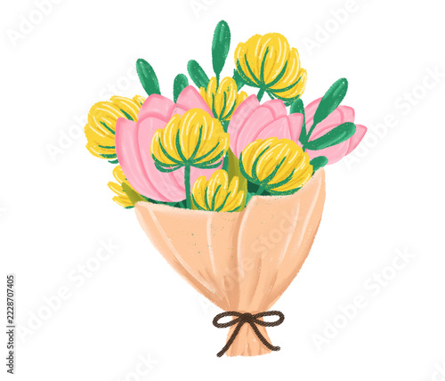 Bouquet of Flowers Wrapped in Paper, Hand-Drawn Illustration in Textured Brush Style.