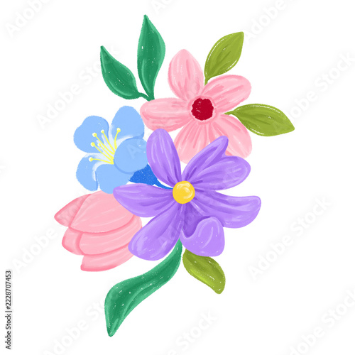 Soft Pastel Flowers Arrangement for Wedding Decoration Design. Pink Flowers Mix Blue and Purple flower Arranged.