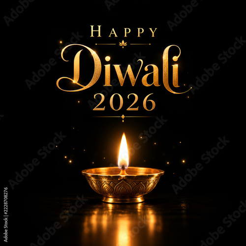 Elegant Happy Diwali 2026 celebration artwork featuring a beautifully engraved golden oil lamp with a bright flame, luxurious gold typography and classic black background.