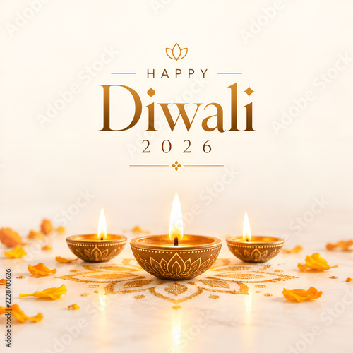 Beautiful Happy Diwali 2026 festive greeting featuring three glowing golden oil lamps arranged over a decorative rangoli pattern, surrounded by flower petals on an elegant ivory background.