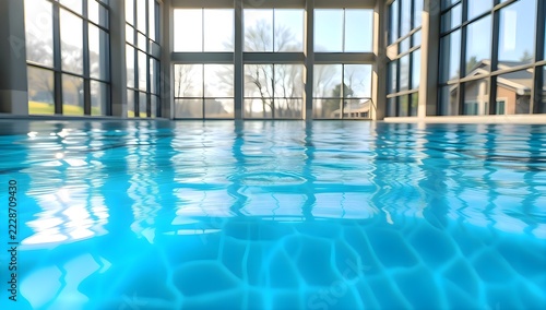 Large swimming pool with a clear blue water surface in front of large glass windows inside a modern luxury architectural interior space