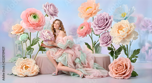 Woman sitting in front of a colorful bunch of flowers, enjoying a peaceful spring day surrounded by blooming floral beauty and nature
