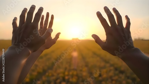 Two hands raised in the air with the warm sun setting behind them, symbolizing freedom, hope, success, and joyful outdoor adventure