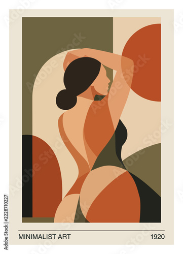 Abstract figurative poster of a woman viewed from behind with one arm raised over her head. Geometric curves and overlapping shapes in terracotta, peach, cream, olive and black frame her profile and h