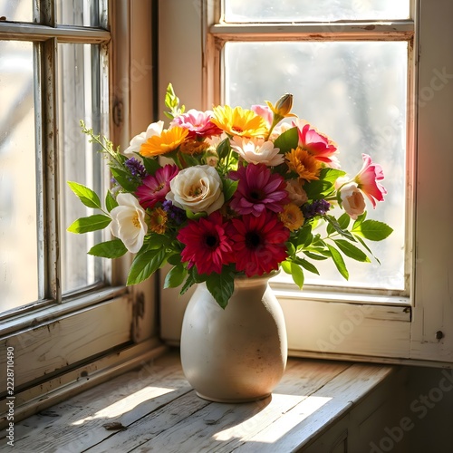 Vase of fresh flowers sitting on a sunny window sill inside a cozy room, bringing natural botanical beauty and bright morning light