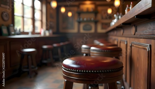 Row of modern bar stools in a stylish bar interior with a classic clock hanging on the wall, creating a sophisticated hospitality lounge