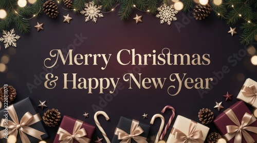 Festive Christmas and New Year greeting with gifts and pine cones during warm bokeh lights