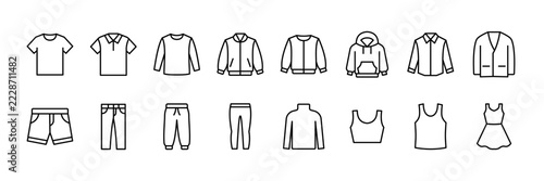 Clothing Line Icon Collection with Shirts Trousers Jackets and Skirts for Fashion Industry and Apparel Design. Vector Illustration