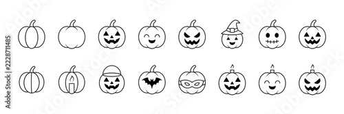 Pumpkin line icon set. Various pumpkin expressions sad, happy to welcome Halloween. Vector illustration.
