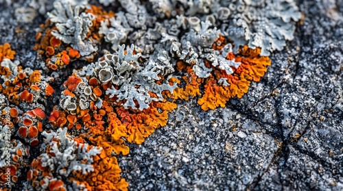 Close up macro of vibrant orange and grayish white lichen patches with crinkly coral-like texture growing on dark rough gray granite rock surface, striking natural contrast detail

