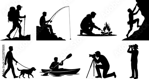 Black silhouette icons of outdoor adventure activities including hiking, fishing, kayaking, and rock climbing.