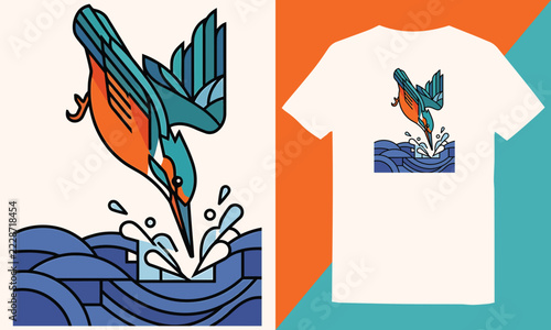 Colorful Kingfisher Bird Diving into Water Vector Illustration in Modern Geometric Line Art Style for Nature, Wildlife, and Environmental Designs