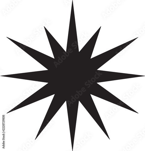 Black silhouette of a twelve pointed star with sharp pointed rays on a solid white background, icon also transparent background