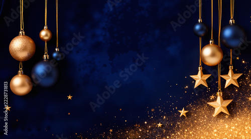 Dark moody orchid, gold bauble, pine, and green gift boxes with gold ribbons. High-end artistic holiday greeting card look for luxury Christmas branding and elegant ads.
