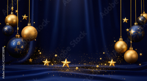 Dark moody orchid, gold bauble, pine, and green gift boxes with gold ribbons. High-end artistic holiday greeting card look for luxury Christmas branding and elegant ads.
