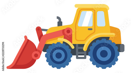 Yellow bulldozer with red front loader and blue wheels