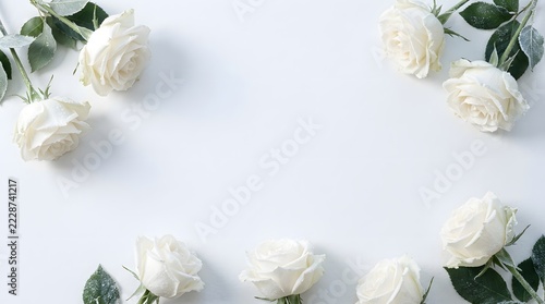 White roses with frosty leaves form a floral frame on a light background, ideal for wedding or winter themes.