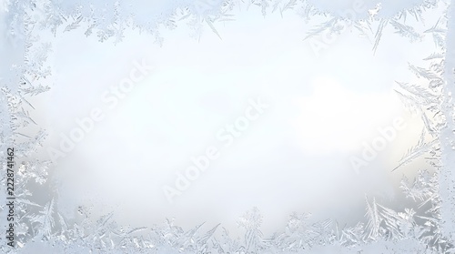 Intricate frosty patterns on a window glass form a natural winter border, perfect for holiday greetings and seasonal designs.