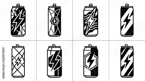 Eight black energy drink cans with lightning bolt icons beverage design