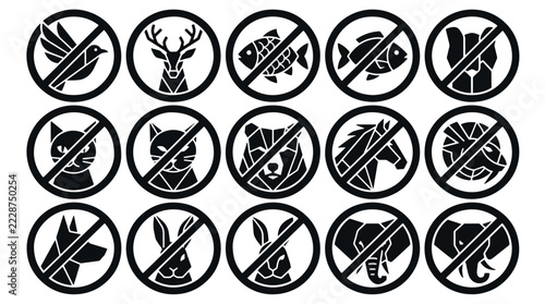 Set of fifteen black and white animal prohibition icons for restriction