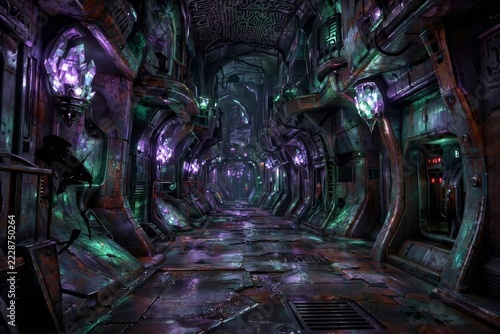 Narrow alley in an underground alien city with glowing crystal f