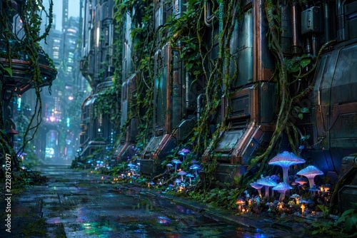 Organic alien city alleyway glowing mushrooms and vines wrapping
