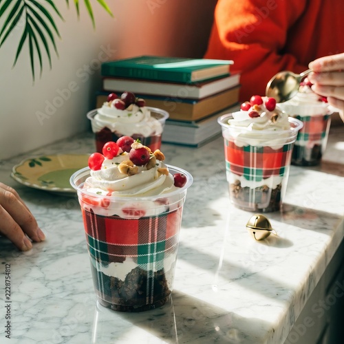 Appetizing no bake christmas dessert cups in plaid cups on white marble countertop setting — food blogger style photography for christmas party food and winter holidays