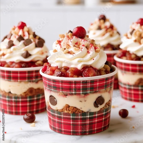 Delicious sweet snack christmas treats in consistent plaid cups with creamy texture details — high resolution culinary photography for festive season and holiday catering