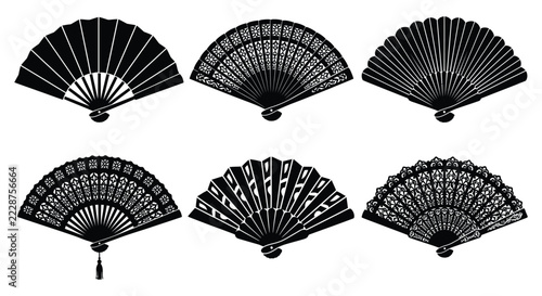 Obraz na plátně Collection of black folding fans presented as silhouettes on a white background
