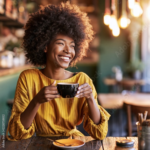 Young black woman with afro hairstyle smiling and drinking coffee in cafe indoors 