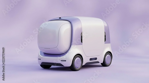 Small white and purple autonomous delivery pod on a soft purple background