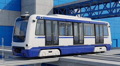 White and blue autonomous tram vehicle moving on rails in an industrial setting