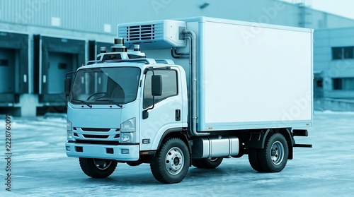 White autonomous refrigerated delivery truck at a warehouse loading dock