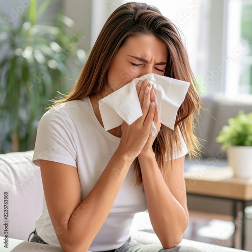 woman in white t-shirt blows her nose in a handkerchief depression infection 
