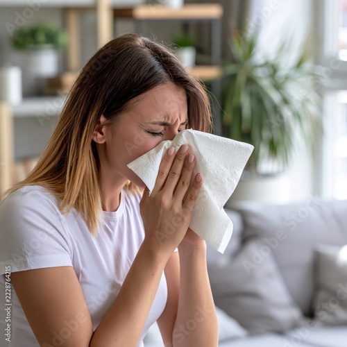woman in white t-shirt blows her nose in a handkerchief depression infection 