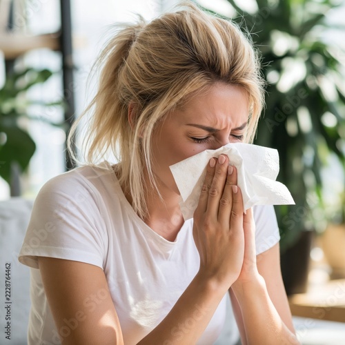 woman in white t-shirt blows her nose in a handkerchief depression infection 