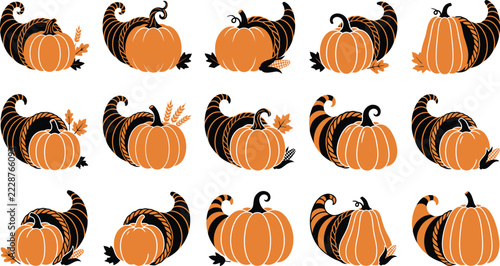 Thanksgiving cornucopia horn of plenty filled with pumpkins and autumn harvest leaves