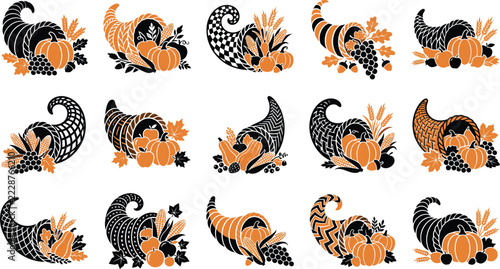 Decorative thanksgiving cornucopias filled with holiday harvest squash and foliage, horn of plenty