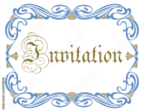 Invitation card, blue gold decorative frame in retro style, vector illustration