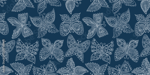 Butterflies decorative outline seamless pattern vector blue background wallpaper paper textile