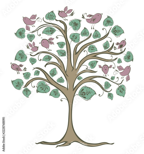 One tree decorative with birds ornamental leaves, outline drawing, vector illustration white background