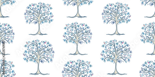 Frozen trees decorative leaves birds seamless pattern, background, wallpaper, paper, outline vector illustration