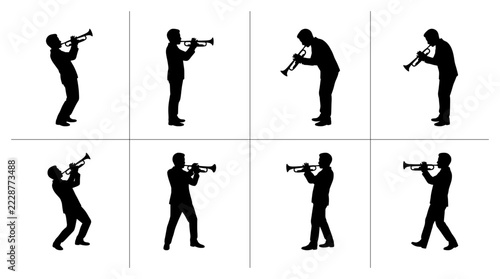 Musician silhouettes set with trumpets playing music, jazz band and performance